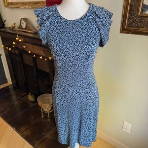 Lands End Women's 2 Ruffle Sleeve Knee Length Sheath Midi Dress Blue Floral 166